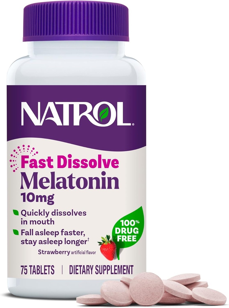 Natrol Fast Dissolve Melatonin 10 mg, Melatonin Supplements for Restful Sleep, Sleep Support for Yetişkinler, 75 Strawberry-Flavored Tabletler, 75 Day Supply
