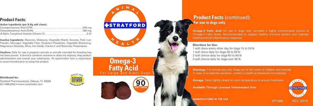 Stratford Farms EZ Chew Omega 3 Fatty Acid Soft Chew Max Strength - Dog Omega 3 Supplement - Soft Chew Köpekler için Balık Yağı - Büyük ve Dev Köpekleri - 90 Yumuşak Chews