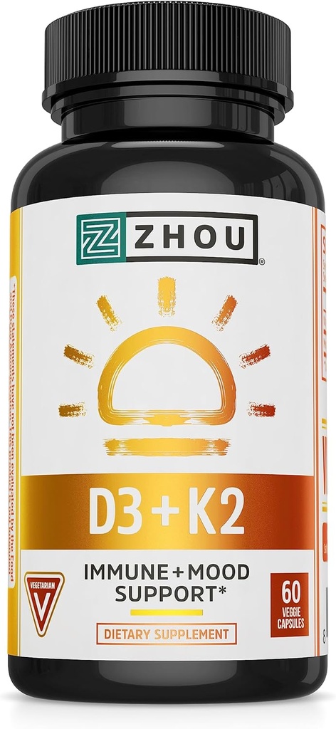 Zhou D3+K2 - Βιταμίνη D3 K2 συμπλήρωμα για γυναίκες & άνδρες, ανοσοποιητική υποστήριξη Vit D3 και K2 συμπληρώματα, καθαρή χορτοφαγική φόρμουλα με 5000 IU D3 και MK-7 - 60 κάψουλες λαχανικών (πακέτο του 1)