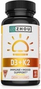Zhou D3+K2 - Βιταμίνη D3 K2 συμπλήρωμα για γυναίκες & άνδρες, ανοσοποιητική υποστήριξη Vit D3 και K2 συμπληρώματα, καθαρή χορτοφαγική φόρμουλα με 5000 IU D3 και MK-7 - 60 κάψουλες λαχανικών (πακέτο του 1)