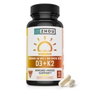 Zhou D3+K2 - Kadınlar ve Erkekler için D3 K2 Supplement, Immune Support Vit D3 ve K2 Supplements, Pure Vegetarian Formula 5000 IU of D3 ve MK-7 - 60 Veggie Capsules (Pazar 1)