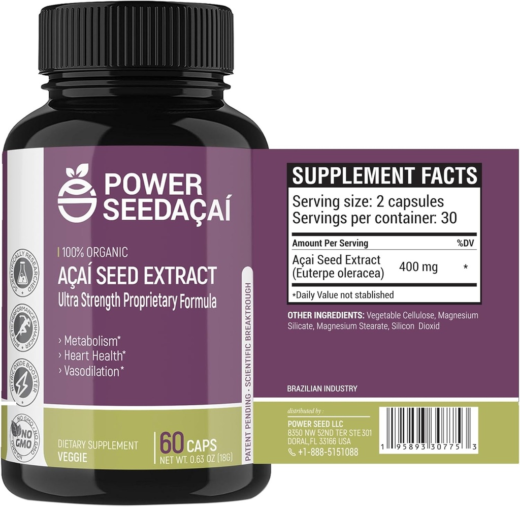 Power Seed Acai - Nitrik Oksit Desteği Kan Akışı, Kan Şeker Seviyeleri, Metabolik Fonksiyonlar ve Enerji. Süper Güçlü Antioksi. Caffeine-Free. Patented Formula | 60 Capsules