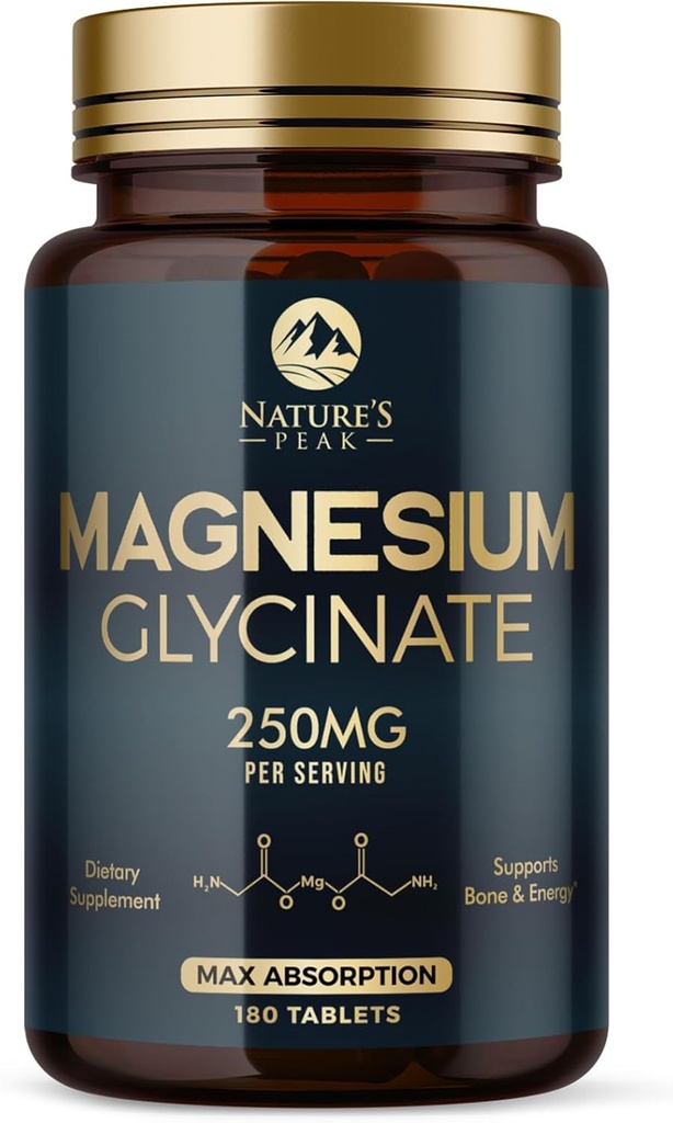 Magnezyum Glycinate Chelated for Max Abors - Supports Bone, Muscle, Nerves & Heart Health, Nature's Sleep and Stress Support, Best Magnezyum Supplement Pills for Whole Body Support - 180 Tabletler