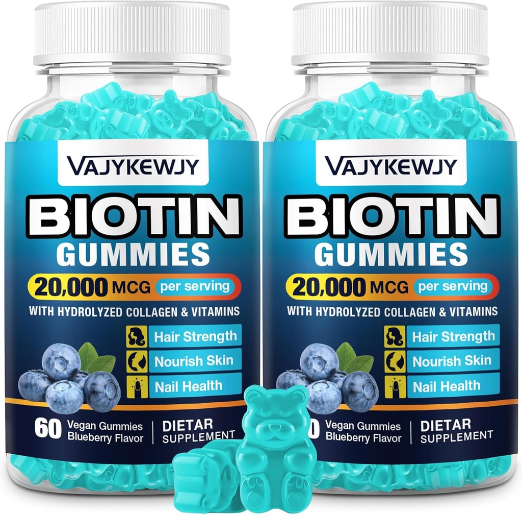 2 Pack Vegan Biotin Gummies for Hair, Skin & Nails - hizmet başına 20.000 mcg, Kadınlar ve Erkekler için uygun - 120 Gummies