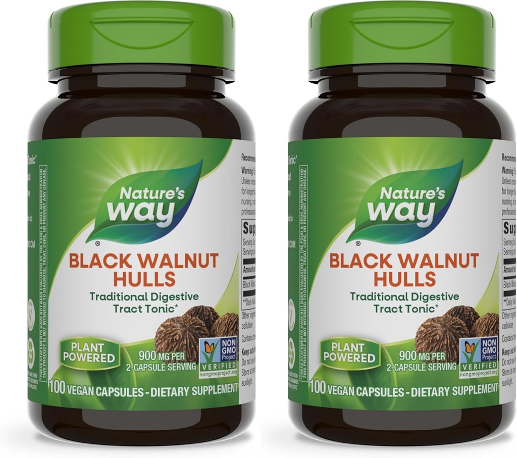 Nature's Way Black Walnut Hulls, Traditional Digestive Tract Tonic*, 900 mg per 2-Capsule Serving, Non-GMO Project Verified, Vegan, 100 Capsules (Packaging May Vary) (Pack of 2)