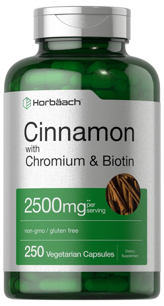 Horbäach Cinnamon with Chromium Picolinate 2500 mg | 250 Capsules | Plus Biotin | Vegetarian, Non-GMO, Gluten Free