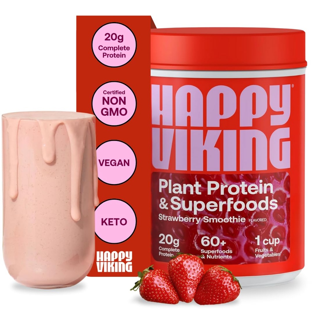 Mutlu Viking Strawberry Protein + Superfoods Toz, Venüs Williams, 20G proteini, Low Carb, Keto, Vegan, Gluten-Free, Non-GMO, Superfoods, Complete Mealchange, 1 Canister (24 oz.)