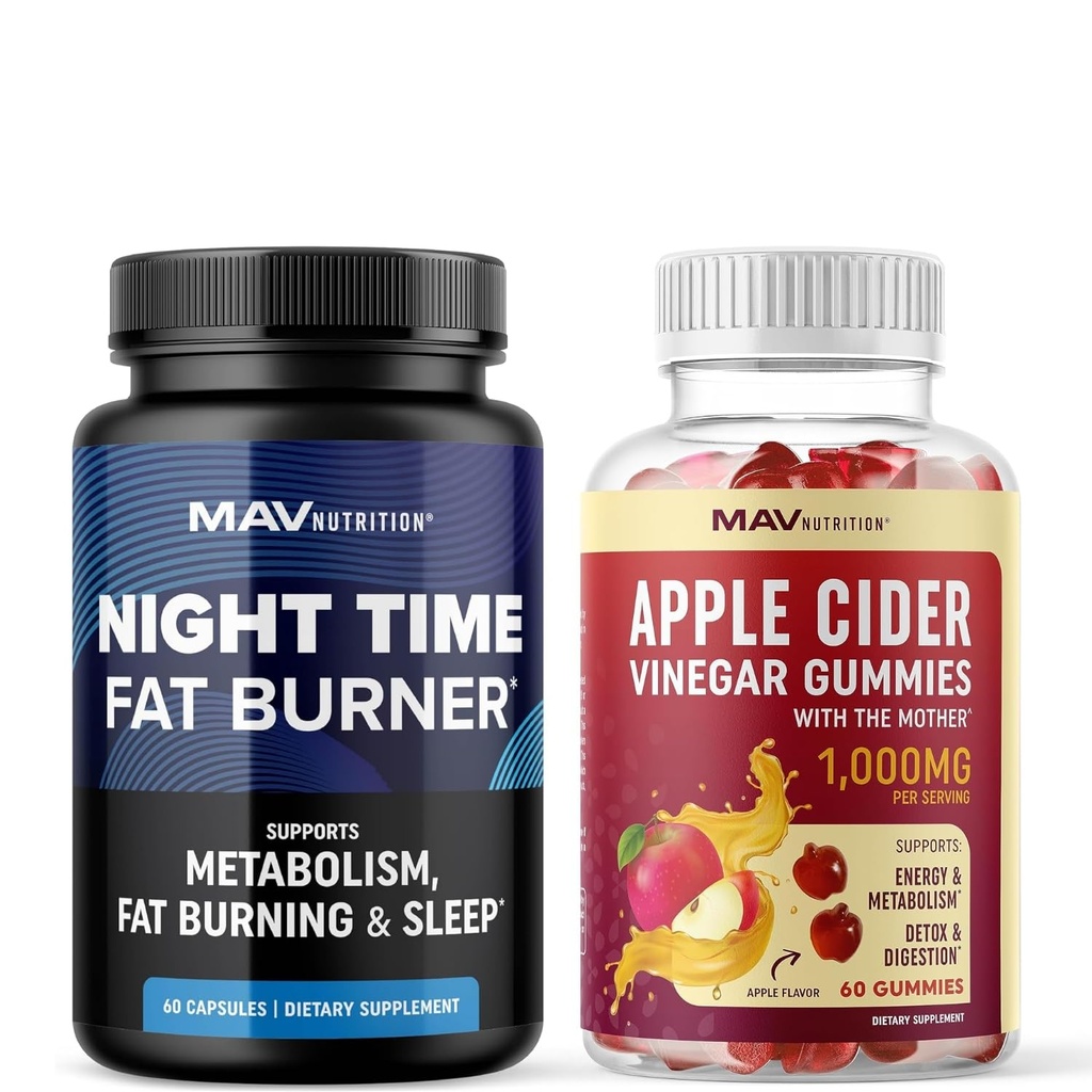 MAV NUTRITION Night Time Fat Burner Capsules ve Apple Cider Vinegar Gummies | Overnight Metabolism Branson for Stomach Fat Burning Support with Melatonin & ACV | 1 Ay Supply