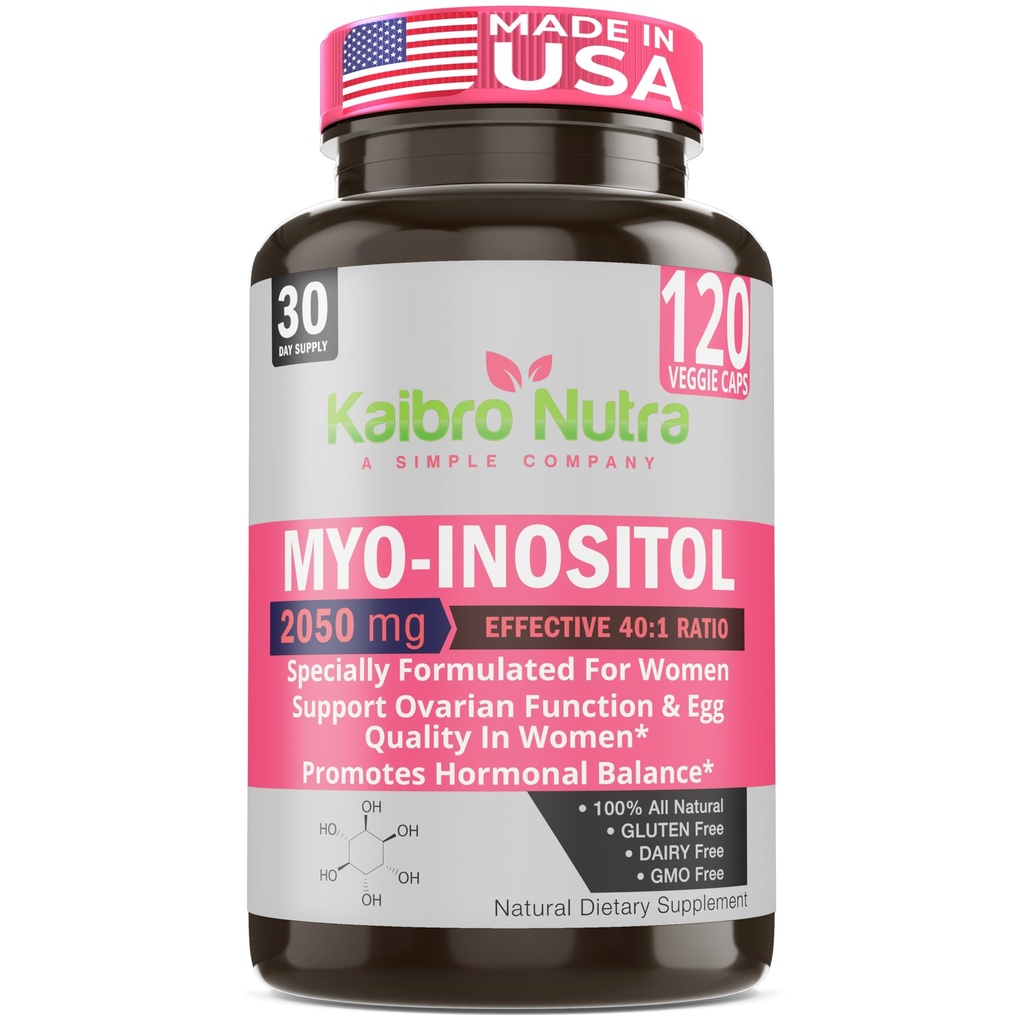 Kaibro Nutra Myo-Inositol Supplement, Myo-Inositol & D-Chiro Inositol 40:1 Oran, Hormon Denge & Ovarian Support for Women with Vitamin B8, 2050mg, Vegan, Non-GMO Capsules 120 Count