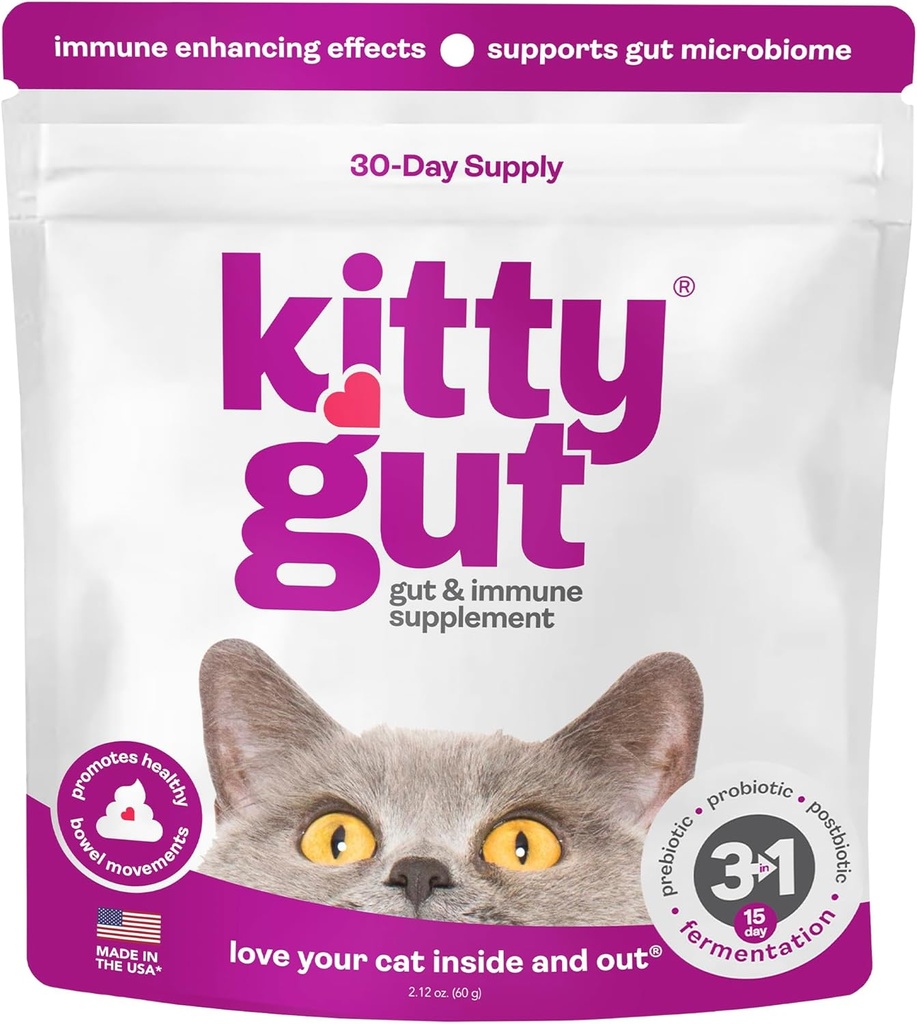 KittyGut 3-in-1 Organic Cat Probiotics & Postbiotic Supplement Powder- Made in USA-Probiotics for Cats Promote Gut Health and Cat Digestive Support, Diarrhea and Vomiting (60g)