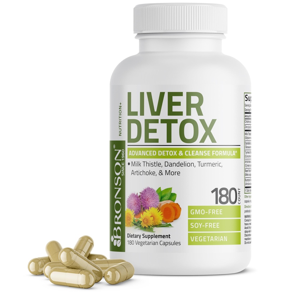 Bronson Liver Detox Advanced Detox & Cleansing Formula Supports Health Liver Function with Milk Thistle, Dandelion Extract, Turmeric, Artichoke Leaf & More, Non-GMO, 180 Vegetarian Capsules