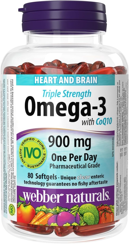 Webber Naturals Triple Strength Omega-3 with CoQ10 enteric cover 900 mg Omega-3 (EPA • DHA) / 100 mg CoQ10, 80caps