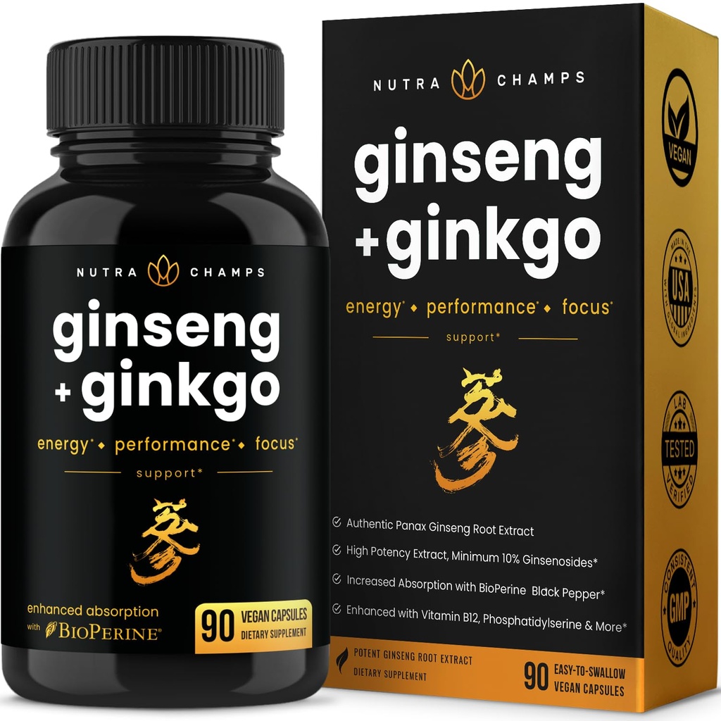 NutraChamps Korean Red Panax BTC Capsules | Ekstra Kuvvetli Ginsenositler for Energy, Focus, Performance, Vitality & Immune Support | Koreli Red Ginsengi (90, Premium Gold)
