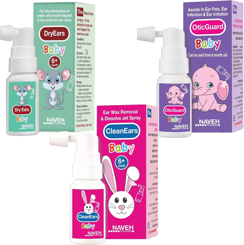 NAVEH PHARMA All Baby Products (Dry Ears Baby, Otic Guard Baby,Clean Ears Baby) 1UNIT X 0,5 Fl Oz + 2 Unit X 1 Fl Oz ENT LINE