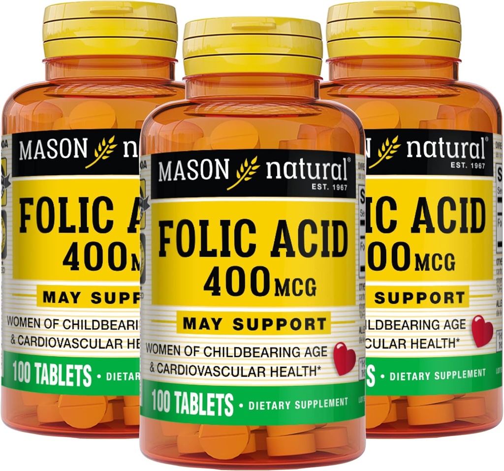 Mason Natural Folic Acid 400 mcg, Daily Supplement for Health, Mood and Prenatal Care, for Women of Childbearing Age, 100 Tablet (Paket 3 )