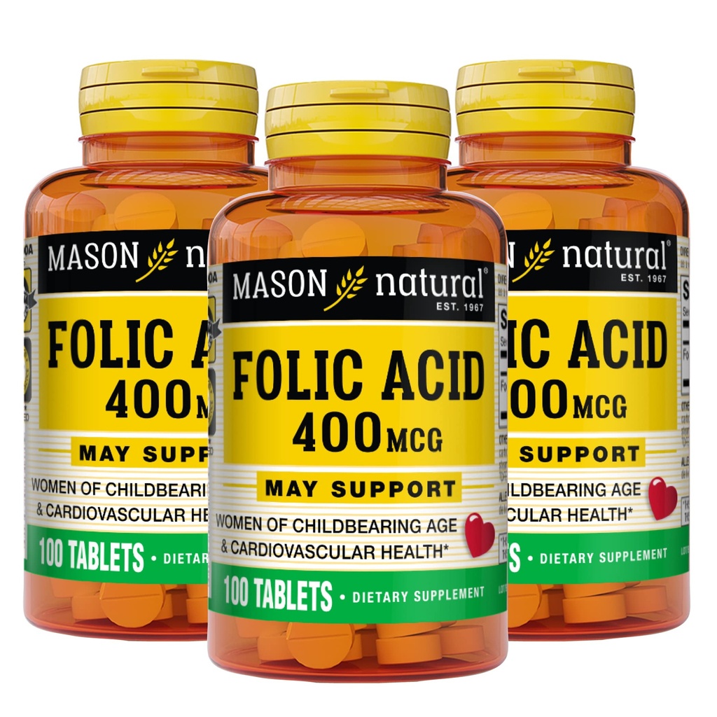 Mason Natural Folic Acid 400 mcg, Daily Supplement for Health, Mood and Prenatal Care, for Women of Childbearing Age, 100 Tablet (Paket 3 )