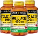 Mason Natural Folic Acid 400 mcg, Daily Supplement for Health, Mood and Prenatal Care, for Women of Childbearing Age, 100 Tablet (Paket 3 )