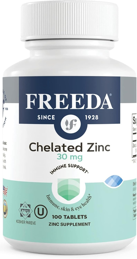 Freeda Chelated Zinc 30mg – TRAACS® Ψευδάργυρος Διγλυκινικός για Υψηλή Απορρόφηση – Vegan, Kosher, Απαλός στο στομάχι – Ανοσοποιητική Υποστήριξη για Ενήλικες, Άνδρες και Γυναίκες – 100 Tiny Tablets