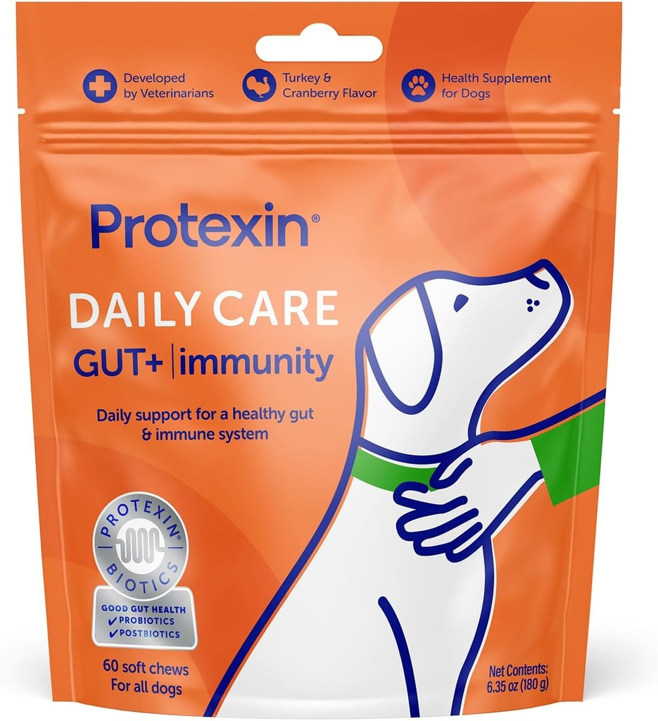 Protexin Daily Care Gut+ Immunity | 60 Dog Chews, Türkiye ve Cranberry Flavor Dog Supplement | Probiyotiks for Dogs, Dog Postbiyotiks