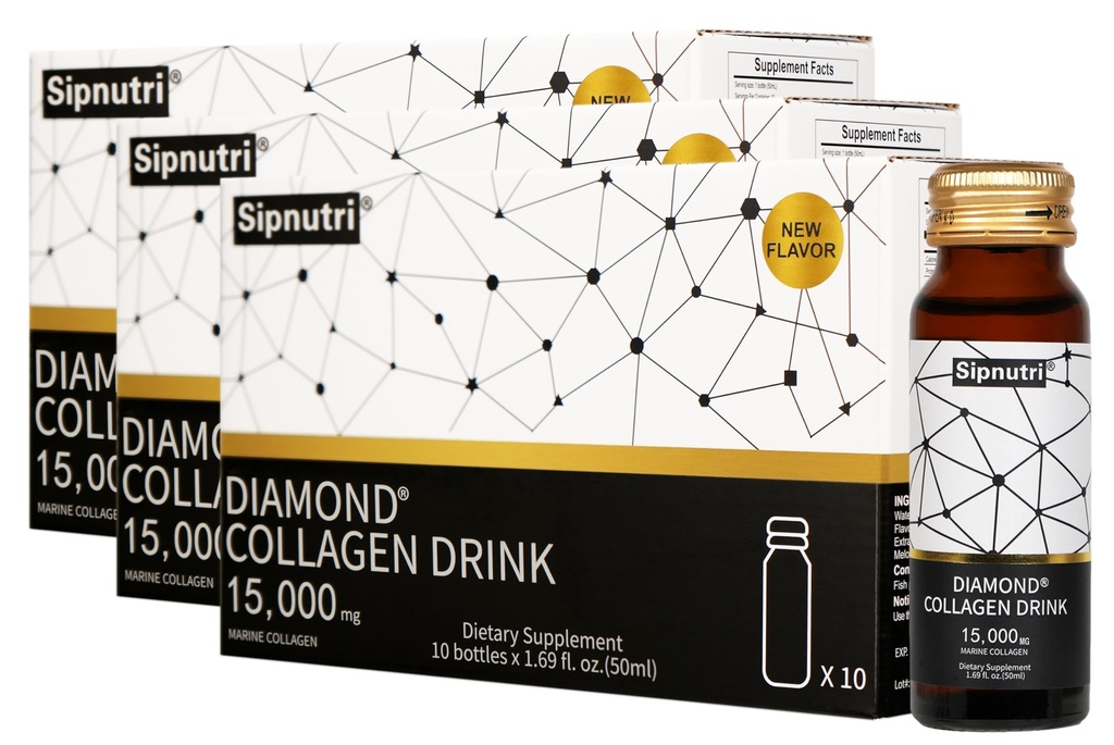 Diamond Liquid Collagen Drink, 15000 mg Hydrolyzed Marine Collagen Hydro ile C vitamini, Pomegranate, Sağlıklı Saç Skin Nails Ortaklar Bones Desteği, 50 ml x 10 Şişe (3 Kutu)