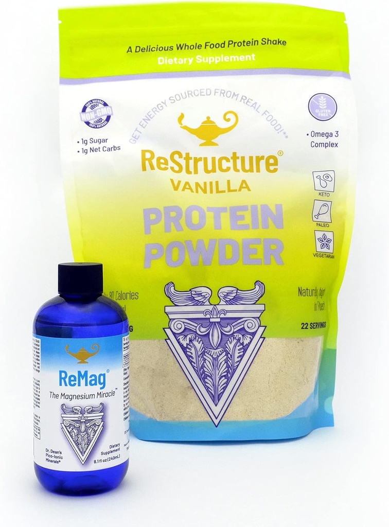 RnA ReSet Performance Bundle – ReMag Liquid Magnesium 8.1oz & ReStructure Vanilla Whey Protein 594g, Mus Recovery & Fitness Support (2 Formulas)