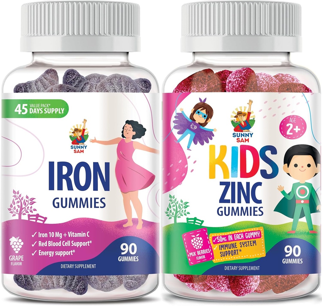 SUNNY SAM Gummies ψευδάργυρου για παιδιά & σιδερένιες γκοφρέτες για ενήλικες, βιταμίνες σιδήρου με βιταμίνη C