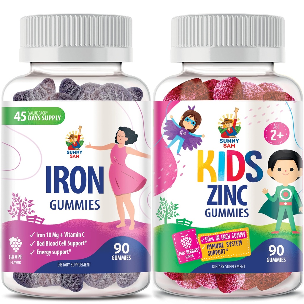 SUNNY SAM Gummies ψευδάργυρου για παιδιά & σιδερένιες γκοφρέτες για ενήλικες, βιταμίνες σιδήρου με βιταμίνη C