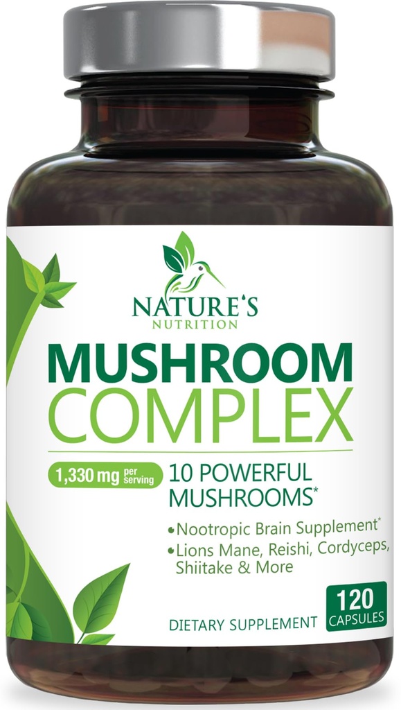Mushroom Brain Supplement 1330 mg - 10 in 1 High Strength Mushroom Kompleks with Lions Mane, Türkiye Tail, Reishi, Cordyceps, Chaga & Brain Nootropic Complex for Memory & Focus Support - 120 Capsules