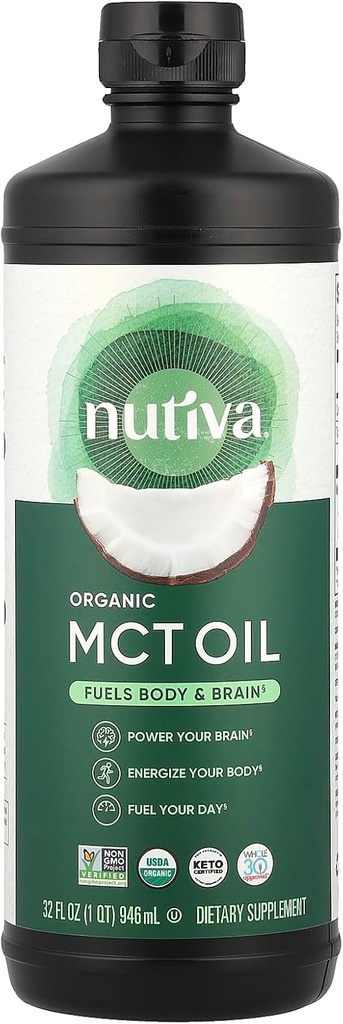 Nutiva Organik MCT Petrol, Unflavored, 32 Oz, USDA Organik, Non-GMO, Non-BPA, Whole 30 Onaylandı, Vegan, Gluten-Free & Keto, 14g MCT per Care & Neutral Flavor for Energy Boost to Coffee, Shakes and Salads