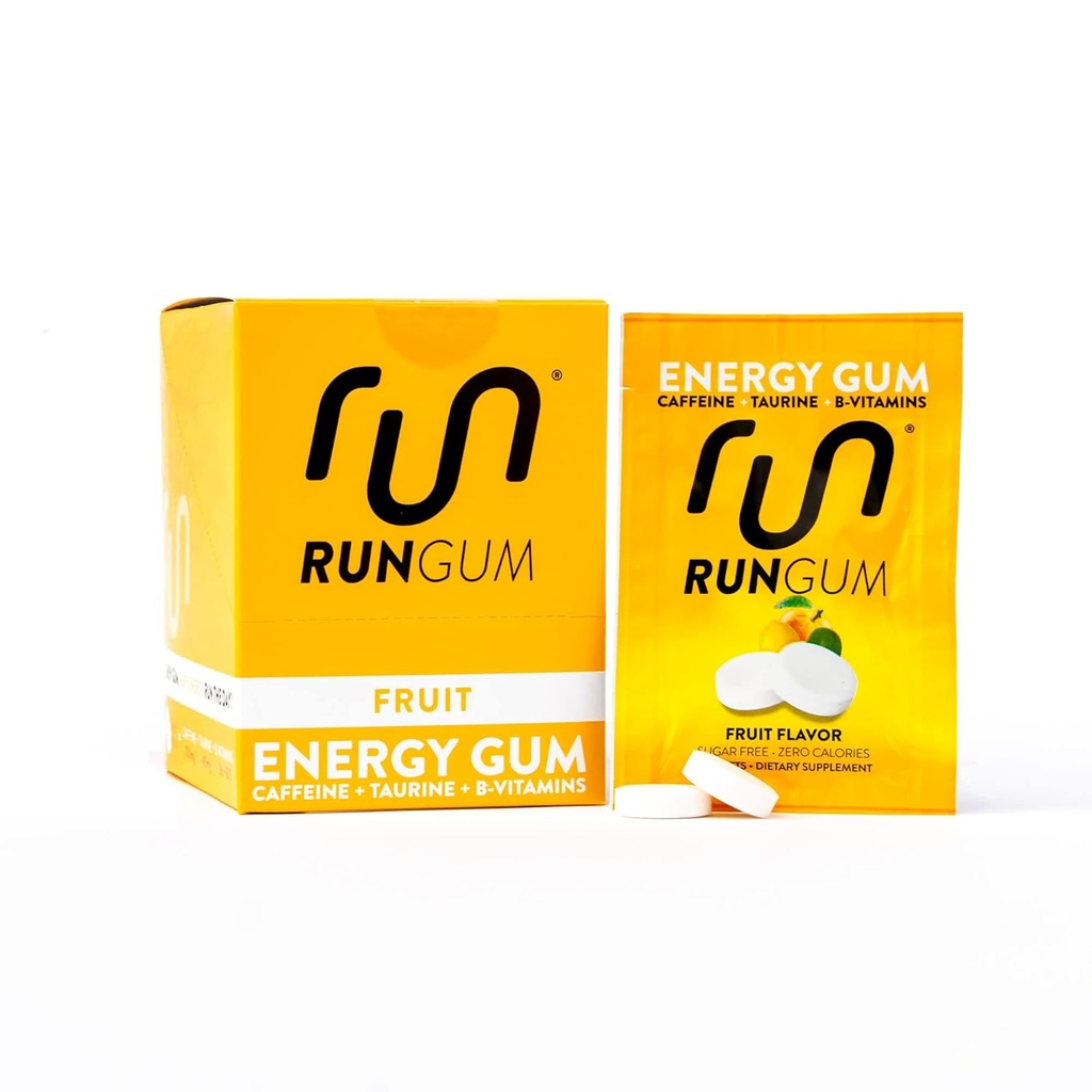 RUN GUM Fruit Energy Chewing Gum 50mg Caffeine Taurine & B-Vitamins ανά κομμάτι, 24 κομμάτια (πακέτο των 12) Χωρίς ζάχαρη, Zero Calorie, Χωρίς Ασπαρτάμη και Χωρίς Γλουτένη