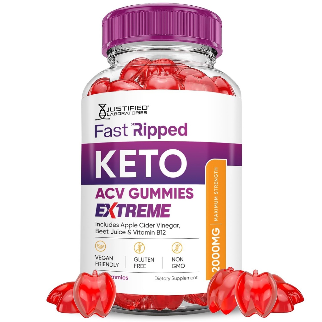Justified Laboratories Fast Ripped Keto ACV Gummies Extreme 2000MG Fast Ripped Keto Gummies Apple Cider Vinegar Formulated with Pomegranate Beet Juice B12 Vegan Non GMO 60 Gummys
