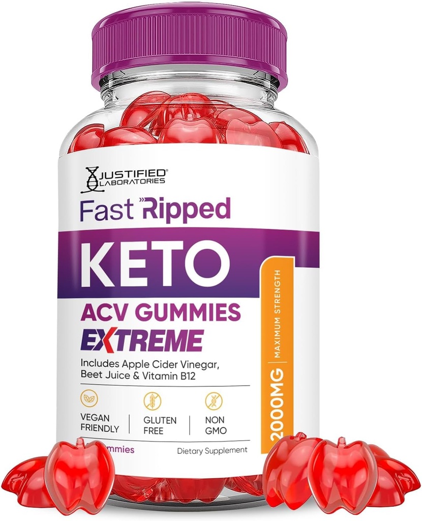 Justified Laboratories Fast Ripped Keto ACV Gummies Extreme 2000MG Fast Ripped Keto Gummies Apple Cider Vinegar Formulated with Pomegranate Beet Juice B12 Vegan Non GMO 60 Gummys