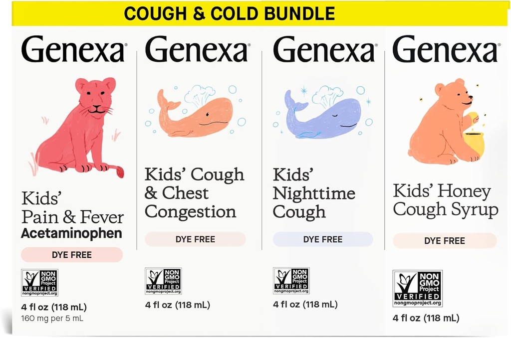 Genxa Kids' Clean Cough Medicine & Honey Cough Syrup, Ağrı ve Ateş Tanım Değeri 4-Pack, Dye Free, 0% Yapay Katkılar, Çocuklar için Güven ve Ağrı Reliever, 16 fl oz (4 Şişe)