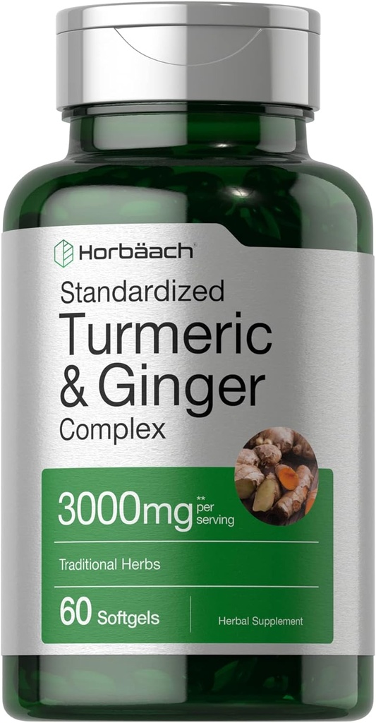 Horbäach Turmeric ve Ginger Supplement 3000 mg | 60 Softgel Capsules | Turmeric Curcumin Kompleksi | Non-GMO, Gluten Free