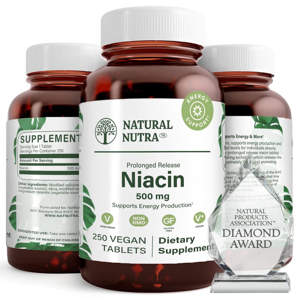 Doğal Nutra Time-Release Slow Niacin 500 mg (Vitamin B3), Sağlıklı Cholesterol, Kariovasküler Sağlık, Cilt Hücrelerini Teşvik Fonksiyonlar, 250 Vegan Tabletler