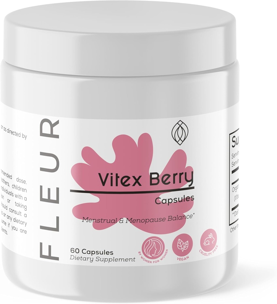 FLEUR Vitex Κάψουλες, Vitex Chasteberry για την ισορροπία ορμονών για τις γυναίκες, το συμπλήρωμα PSOS βοηθά να διατηρηθεί το επίπεδο προγεστερόνης για την υποστήριξη εμμηνορροϊκού κύκλου, γονιμότητας και υποστήριξης PMS, 500mg, 60Ct