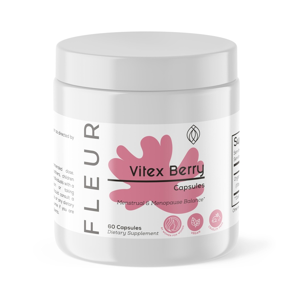 FLEUR Vitex Capsules, Vitex Chasteberry Kadınlar için Hormon Dengesi, Pstrual Cycle Support, Fertness & PMS Support, 500 mg, 60Ctt