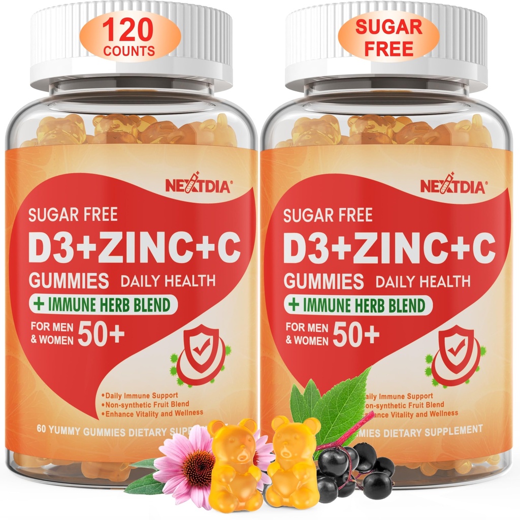 Sugar Free Vitamin C + D3 + çinko Gummies for Yetişkinler 50 +, 9 in 1 Immune Defense Supplement with D3 5000IU, Elderberry, Echinacea, Mullein Leaf for Boost Immunity, Power Antioksi, Vegan (Pack of 2)