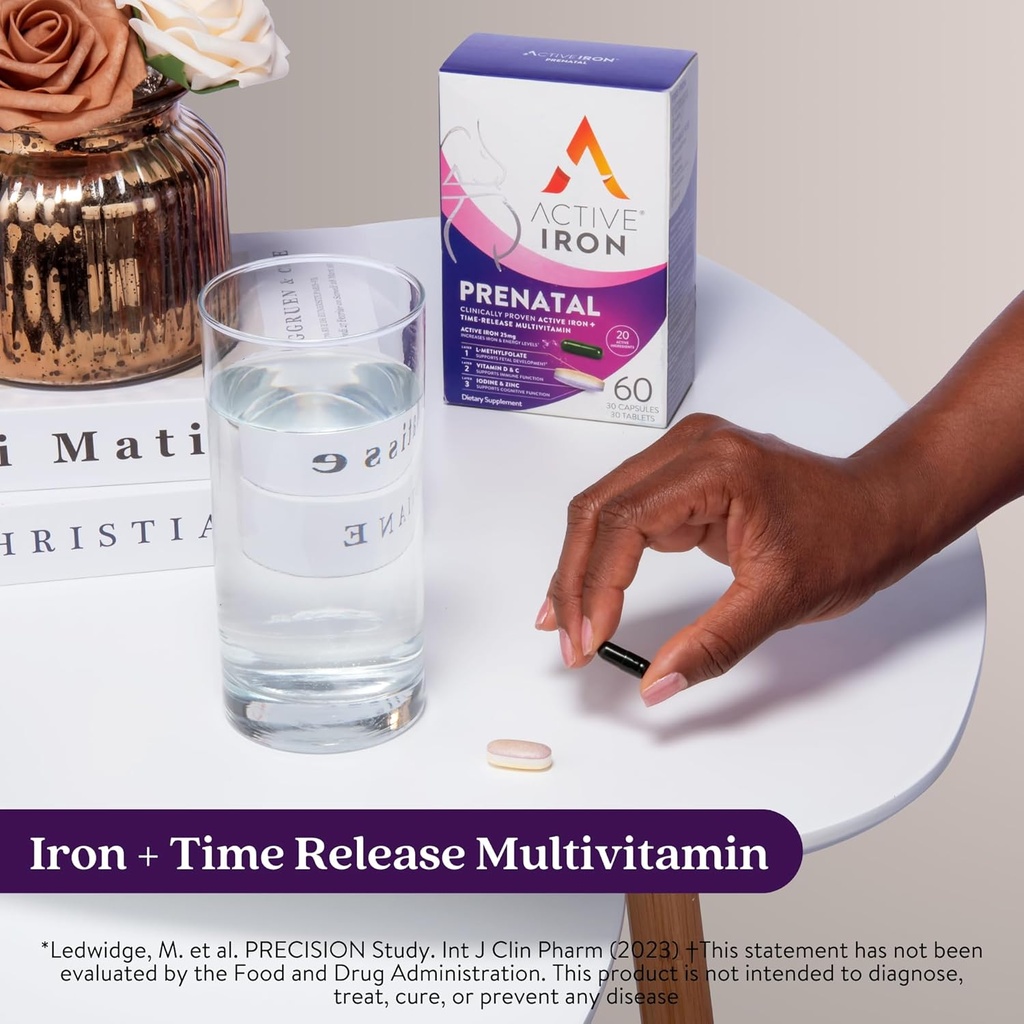 Active Iron Prenatal, Iron Supplement + Prenatal Vitaminler Kadınlar için 30 Non-Constipating Capsules + 30 Time-Release Multivitamins, Gebelik, Emzirme ve Postpartum Essentials