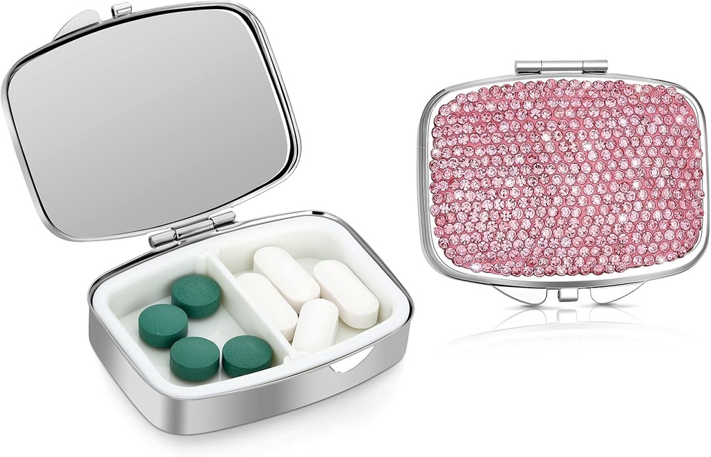 Soleebee Bling Crystal Pill Box, Portre 2 Karşılaştırma Günlük Pill Organizer, Küçük Seyahat Pill Case for Purse or Pocket, Medicine Vitamin Pill Konteyner Organizer (Pink)