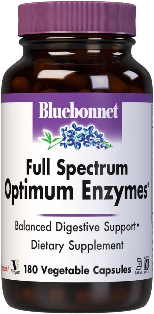 BlueBonnet Full Spectrum Optimum Digestive Enzymes - 9 Plant-Based Proteolytic Enzymes - Papaya, Bromelain, Amylase Gut Health for Women & Men - Vegan & Gluten-Free - 180 Vegetable Capsules