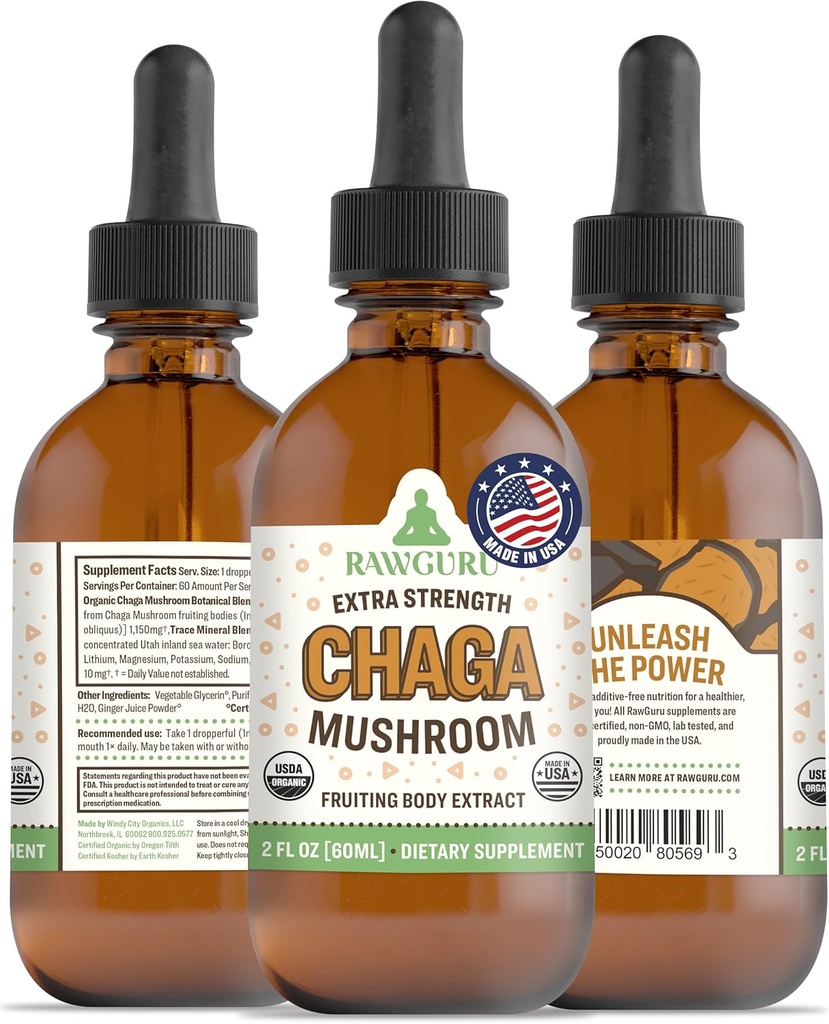RawGuru Chaga Mushroom Supplement - Vegan Chaga Mushroom Extract with Trace Minerals - Nano-Processed Immunity Boost & Cognitive Supplement Tincture - 60 ml'ye kadar Vegan Drops'a hizmet ediyor, 1 paket