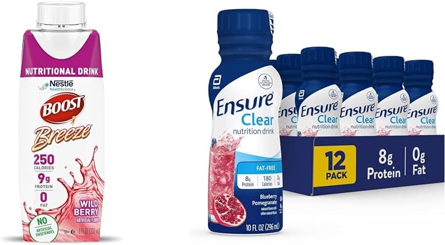 BOOST Breeze Clear Nutritional Drink, 9g Protein, 250 Nutrient-Rich Calories, Wild Berry, 8 fl oz & Ensure Liquid Clear Nutrition Drink, 0g fat, 8g of protein, Blueberry Pomegranate, 10 Fl Oz