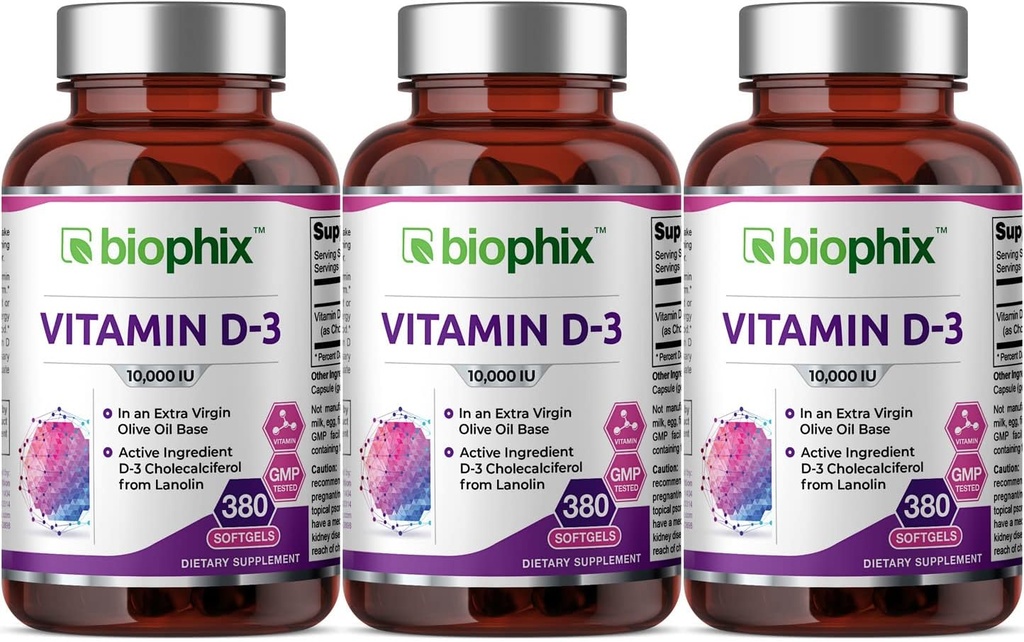 biophix Βιταμίνη D-3 10000 IU 380 Softgels 3 Pack - Υψηλή ισχύς σε Εξαιρετικό Παρθένο Ελαιόλαδο Μη-ΓΤΟ χωρίς σόγια Υποστηρίζει Ισχυρά Οστά Ανοσοποιητική Υγεία
