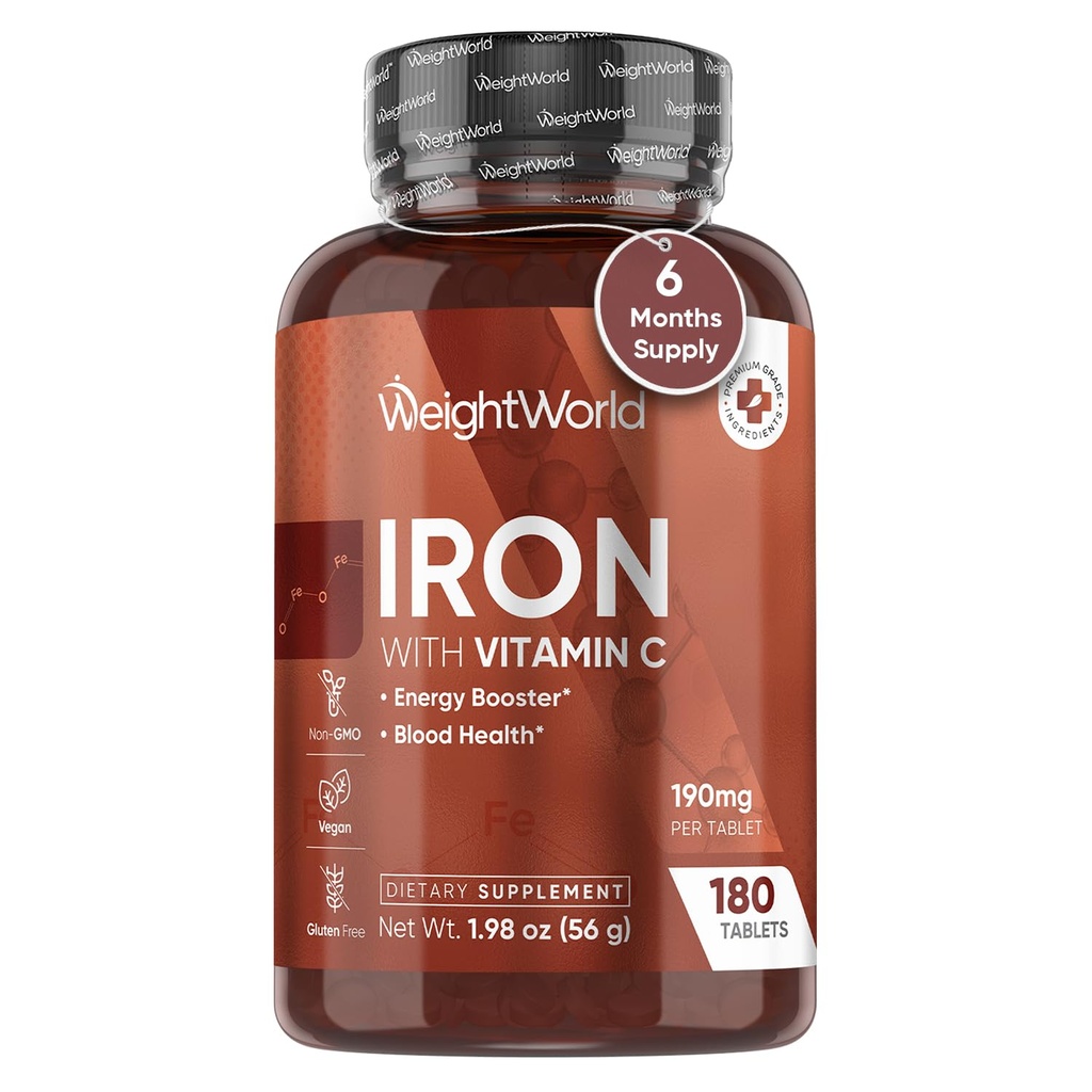 KiloWorld Iron Supplement 65 mg - C 125 mg ile - 180 Vegan Tablet (6 Ay Supply) - Kadın ve Erkekler için Centil Demir Supplement - Enerji ATM & Kan Heath - Non-GMO & Gluten-Free-Free-Free