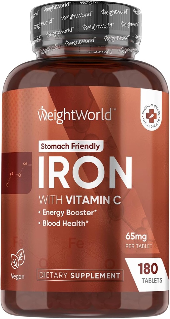 KiloWorld Iron Supplement 65 mg - C 125 mg ile - 180 Vegan Tablet (6 Ay Supply) - Kadın ve Erkekler için Centil Demir Supplement - Enerji ATM & Kan Heath - Non-GMO & Gluten-Free-Free-Free