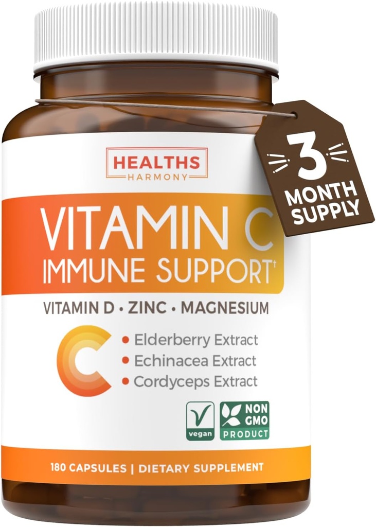 C Immune Support Supplement - Immune Boost Blend with Elderberry Vitamin C and Çinko for Daily & Mevsim Destek - Magnezyum çinko VIT C & D ve Herbal Savunma Kompleks (3 Ay Supply)