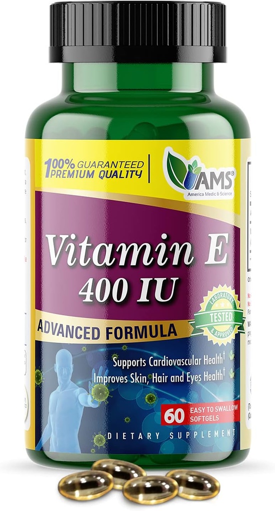 Amerika Medic & Science Vitamin E 400 IU (60 Softgels) Diyetsel Supplement Bu Destekler Kalp Sağlığı, Sağlıklı Cilt, Saç, Gözler ve Immune System | Dl-Alpha Tocopheryl Akra Capsules)