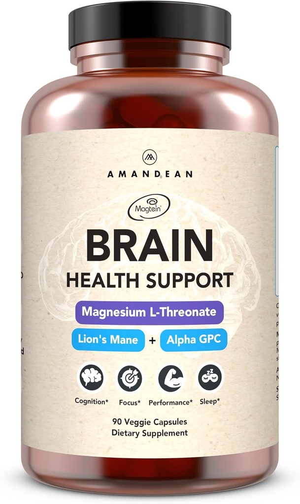 AMANDEAN Beyin Tamamı. Nootropic Cognitive Support for Memory, Focus, Clarity. Magnezyum L-Threonate (Magtein), Lion's Mane Mushroom Extract, Alpha GPC Choline Kompleksi. 90 Veggie Capsules.