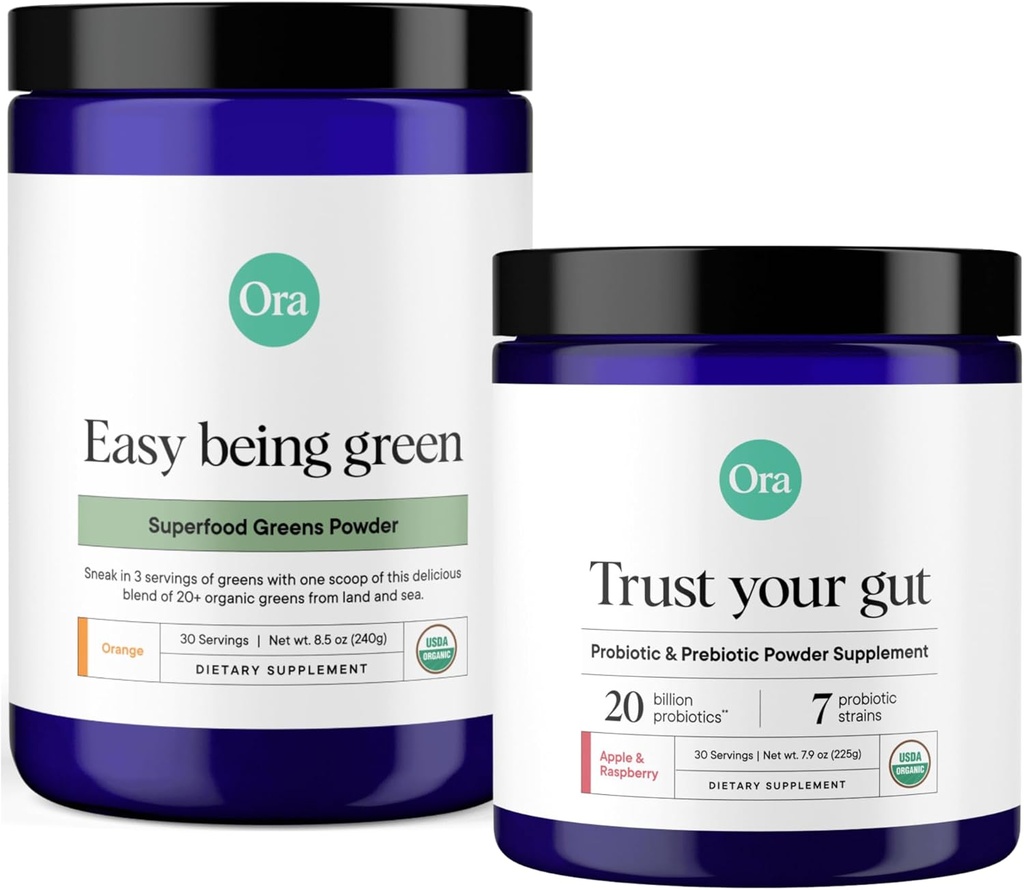 Ora Organic Prebiyotik & Probiyotik Toz & Greens Toz Paket: 20 Milyar Probiyotik, Apple & Raspberry Flavor, 30 Hizmet & 20+ Superfood Greens - Citrus Flavor, 30 Hizmetler